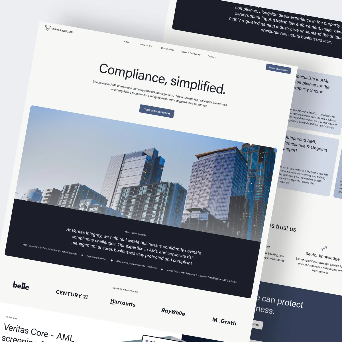 Veritas Integrity website hero design showcasing the ‘Compliance, simplified.’ headline and city skyline imagery.